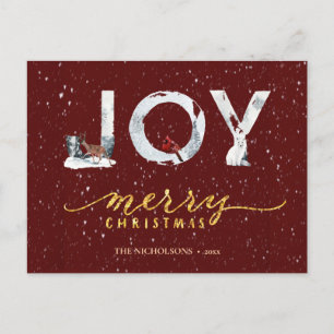Moderne Red Elegant Gold Script JOY Snow-bedekking Feestdagenkaart