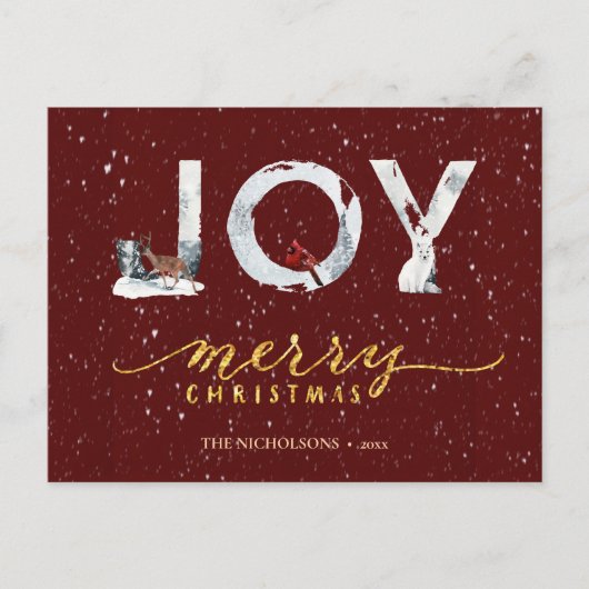 Moderne Red Elegant Gold Script JOY Snow-bedekking Feestdagenkaart (Voorkant)