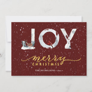 Moderne Red Elegant Gold Script JOY Snow-bedekking Feestdagenkaart