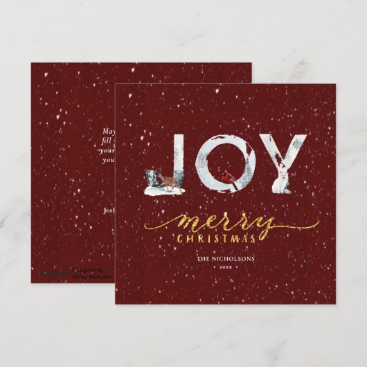 Moderne Red Elegant Gold Script JOY Snow-bedekking Feestdagenkaart (Voorkant / Achterkant)