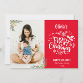 Moderne Red Elegant Script Baby eerste Kerstmis Feestdagenkaart (Voorkant)