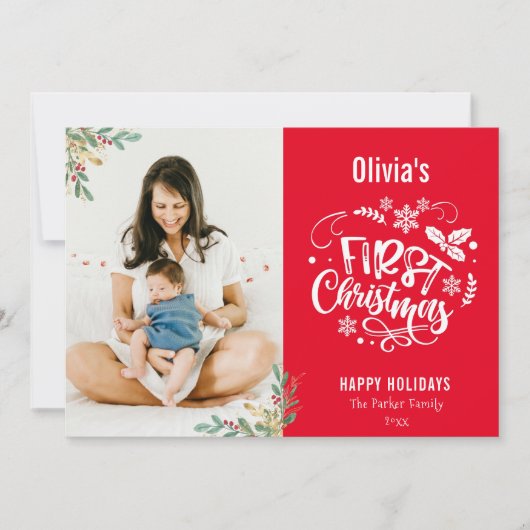 Moderne Red Elegant Script Baby eerste Kerstmis Feestdagenkaart (Voorkant)
