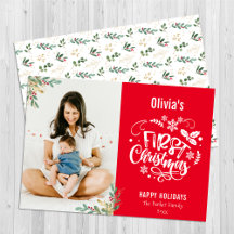 Moderne Red Elegant Script Baby eerste Kerstmis