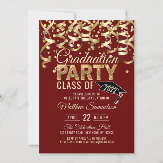Moderne Red Gold Glitter GRADUATION Party Kaart (Voorkant)