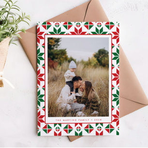 Moderne Red Green Folk Quilt Foto Kerst Kaart