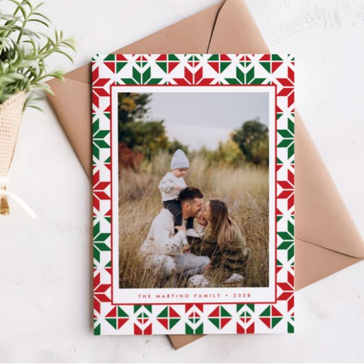 Moderne Red Green Folk Quilt Foto Kerst Kaart