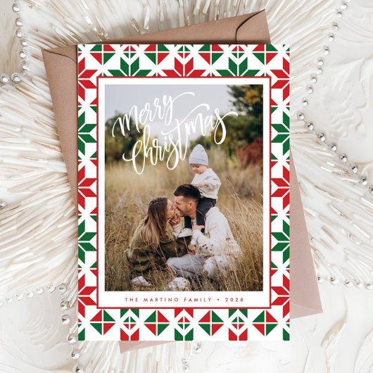 Moderne Red Green Folk Quilt Foto Kerst Kaart