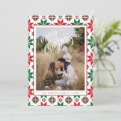 Moderne Red Green Folk Quilt Foto Kerst Kaart (Staand voorkant)