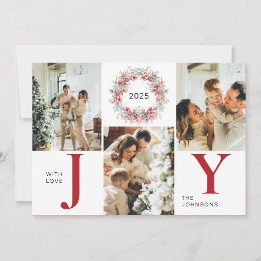 Moderne Red Holly Berries 3 Foto Joy Kerstmis Feestdagenkaart (Voorkant)