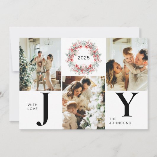 Moderne Red Holly Berries 3 Foto Joy Kerstmis Feestdagenkaart (Voorkant)