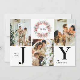 Moderne Red Holly Berries 3 Foto Joy Kerstmis Feestdagenkaart