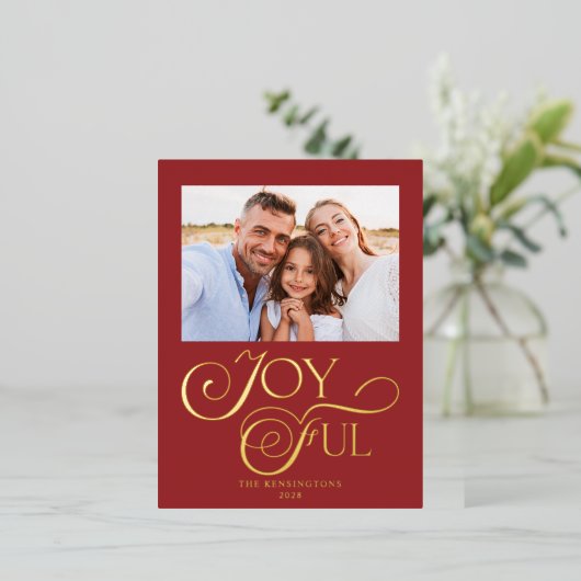 Moderne Red Joyful Folie met kerstfeestdag Foto Folie Feestdagen Briefkaart (Staand Voorkant)