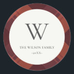 Moderne Red Maroon Marsala Plaid Patroon Monogram Ronde Sticker<br><div class="desc">Als u nog meer aanpassingen nodig hebt,  kunt u mij op yellowfebstudio@gmail.com vrij klikken.</div>