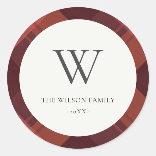 Moderne Red Maroon Marsala Plaid Patroon Monogram Ronde Sticker (Voorkant)