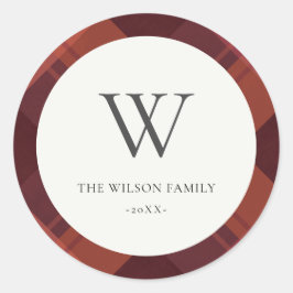 Moderne Red Maroon Marsala Plaid Patroon Monogram Ronde Sticker