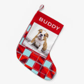 Moderne Red Plaid Bulldog Hond Pet Foto Kleine Kerstsok (Voorkant (Hangend))
