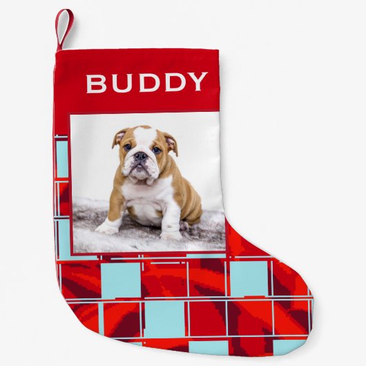 Moderne Red Plaid Bulldog Hond Pet Foto Kleine Kerstsok (Voorkant)