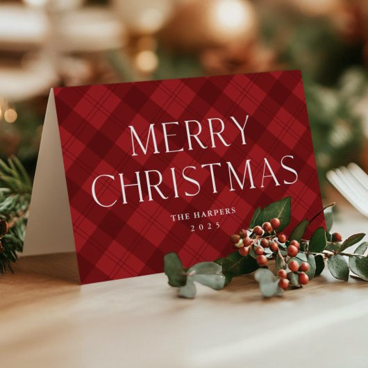 Moderne Red Plaid Elegant Typografie Kerstmis Feestdagen Kaart