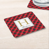 Moderne Red Pset Check Gold Accenten, monogrammen Kartonnen Onderzetters (Schuin)