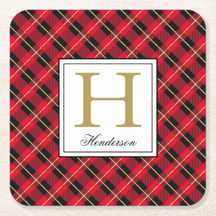 Moderne Red Pset Check Gold Accenten, monogrammen Kartonnen Onderzetters
