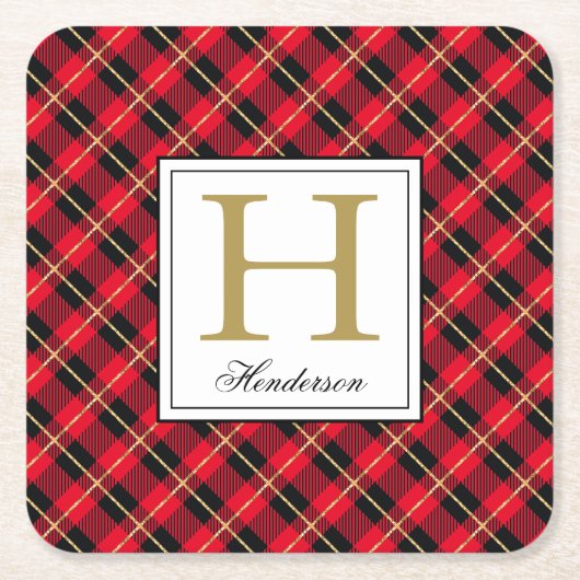 Moderne Red Pset Check Gold Accenten, monogrammen Kartonnen Onderzetters (Voorkant)