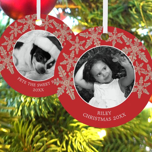 Moderne Red Rustic Snowflake 2 Foto Chic Vakantie Metalen Ornament