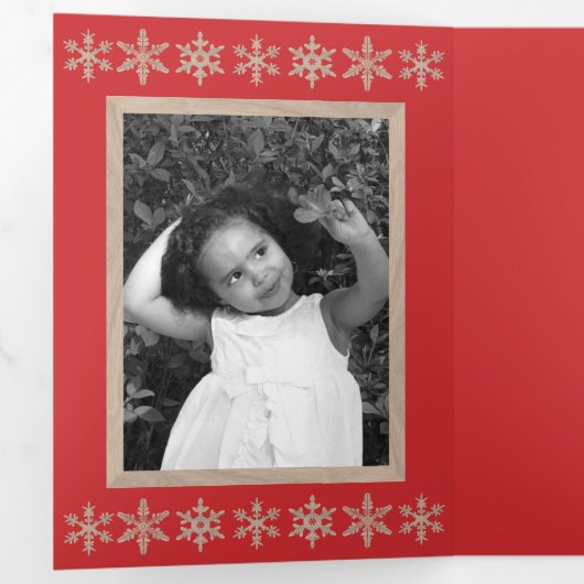 Moderne Red Rustic Snowflake Collage 5 Foto Drieluik Wenskaart (Binnenzijde eerst)