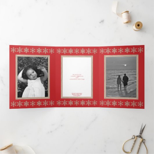 Moderne Red Rustic Snowflake Collage 5 Foto Drieluik Wenskaart (Binnen)