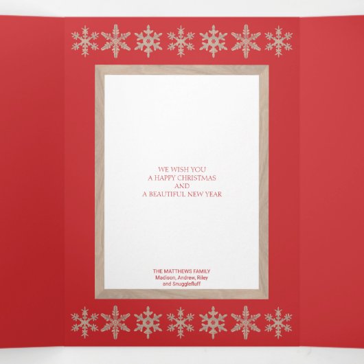 Moderne Red Rustic Snowflake Collage 5 Foto Drieluik Wenskaart (Binnenkant midden)