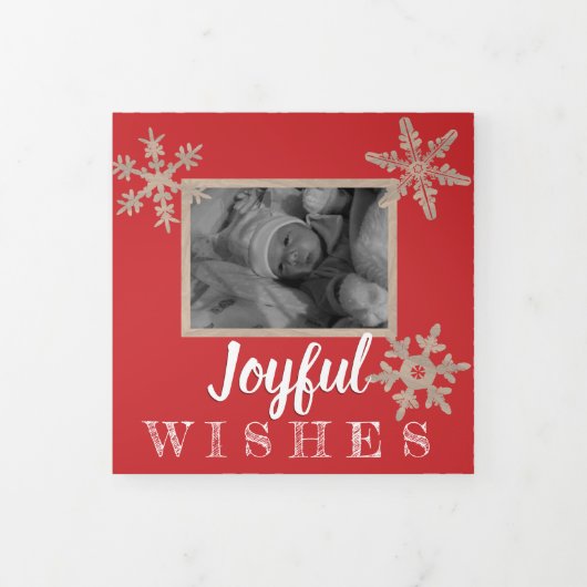 Moderne Red Rustic Snowflake Feestelijke 3 Foto Drieluik Wenskaart (Cover)