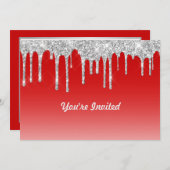 Moderne Red Silver Glitter Drips Verjaardag Kaart (Voorkant / Achterkant)