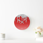 Moderne Red Silver Glitter-schijven Ronde Klok (Huis)