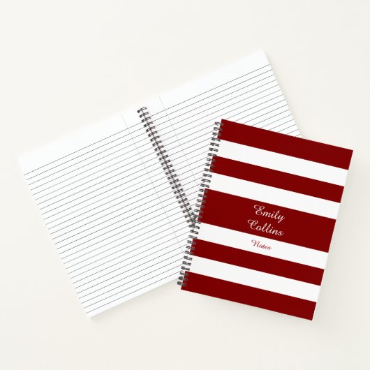 Moderne Red Stripes Script Naam Notitieboek (Binnen)