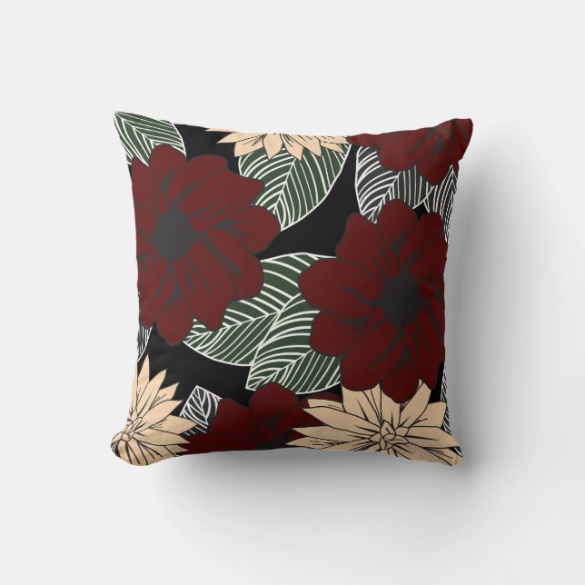 Moderne Red & Tan Blooms en bladeren Kussen (Voorkant)