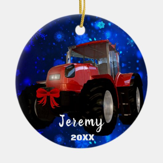 Moderne Red Tractor "Kerstmis 20XX" Keramisch Ornament (Voorkant)