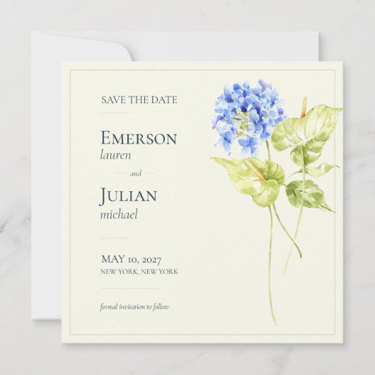 Moderne Redactionele Anthurium Hydrangea Bruiloft Save The Date (Voorkant)