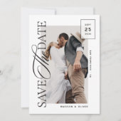 Moderne redactionele script foto bruiloft save the date (Voorkant)