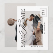 Moderne redactionele script foto bruiloft save the date (Voorkant / Achterkant)