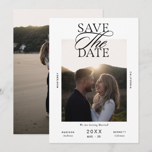 Moderne redactionele script foto bruiloft save the date (Voorkant / Achterkant)