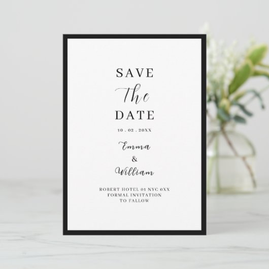 Moderne Redactionele Zwart-Wit Save the Date Kaart (Staand voorkant)