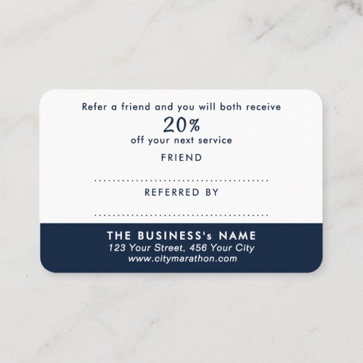 Moderne Referral Navy Blauwe Witte Korting Script (Achterkant)