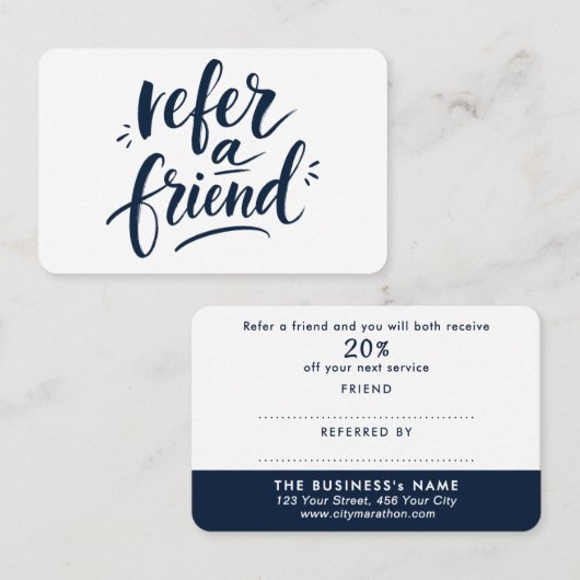 Moderne Referral Navy Blauwe Witte Korting Script (Voorkant / Achterkant)