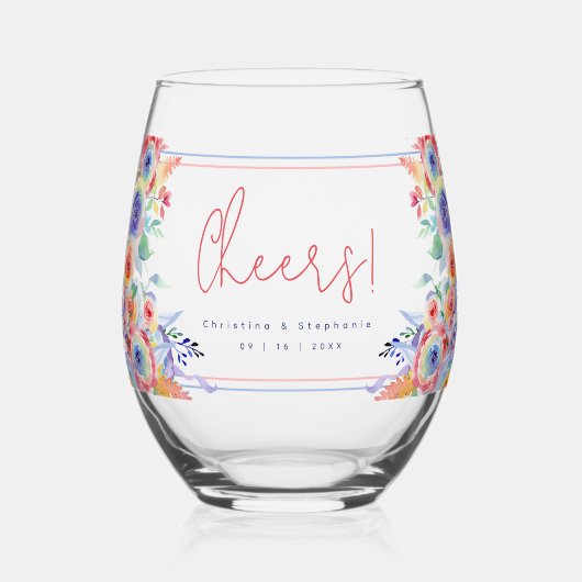 Moderne Regenboog Bloemen LGBTQ Bruiloft Wijnglas Zonder Voet (Voorkant)