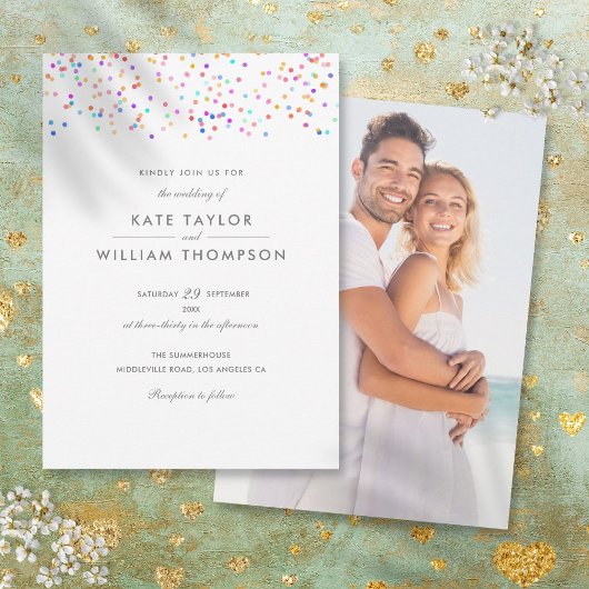 Moderne Regenboog Confetti Foto Bruiloft Kaart