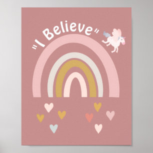 Moderne regenboog en hart geloven in Unicorns roze Poster