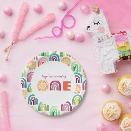 Moderne regenboog en zondst 1ste verjaardag Waterv Papieren Bordje (Feest)