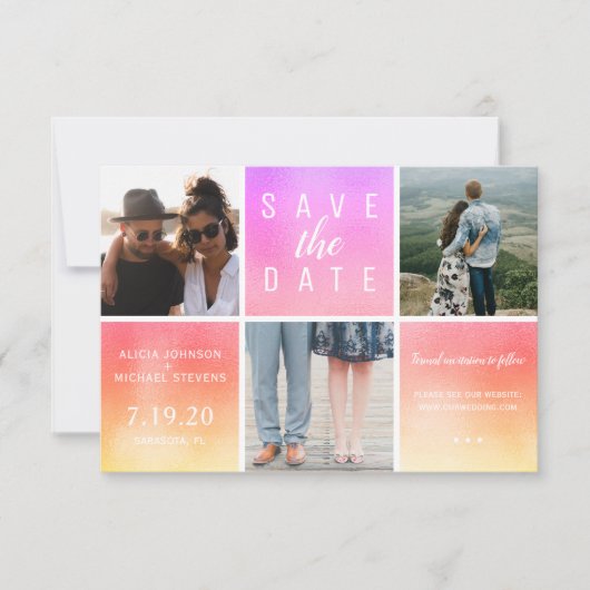 Moderne regenboog glitter 3 foto collage bruiloft save the date (Voorkant)