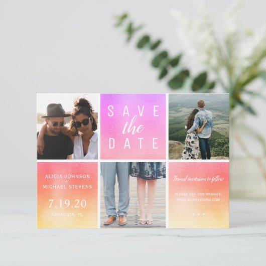 Moderne regenboog glitter 3 foto collage bruiloft save the date (Staand voorkant)