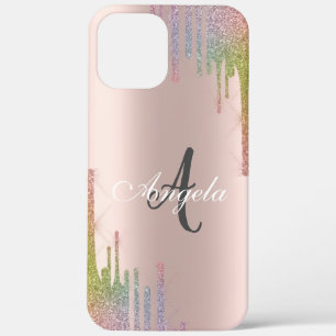 Moderne Regenboog Glitter Drips Roze Goud, Monogra Case-Mate iPhone Case