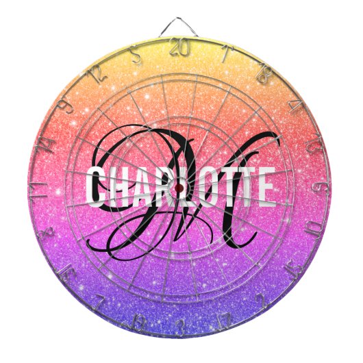 Moderne regenboog glitter monogram naam dart board dartbord (Voorkant)